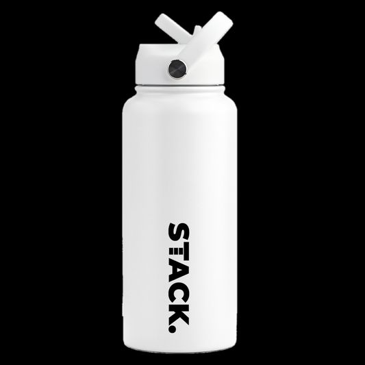 STACK.bottle 1L, white insulated bottle with black logo on black