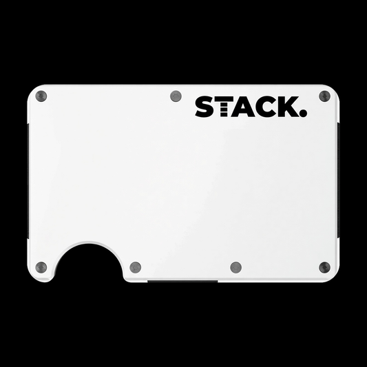 STACK.wallet, white card holder with black logo on black